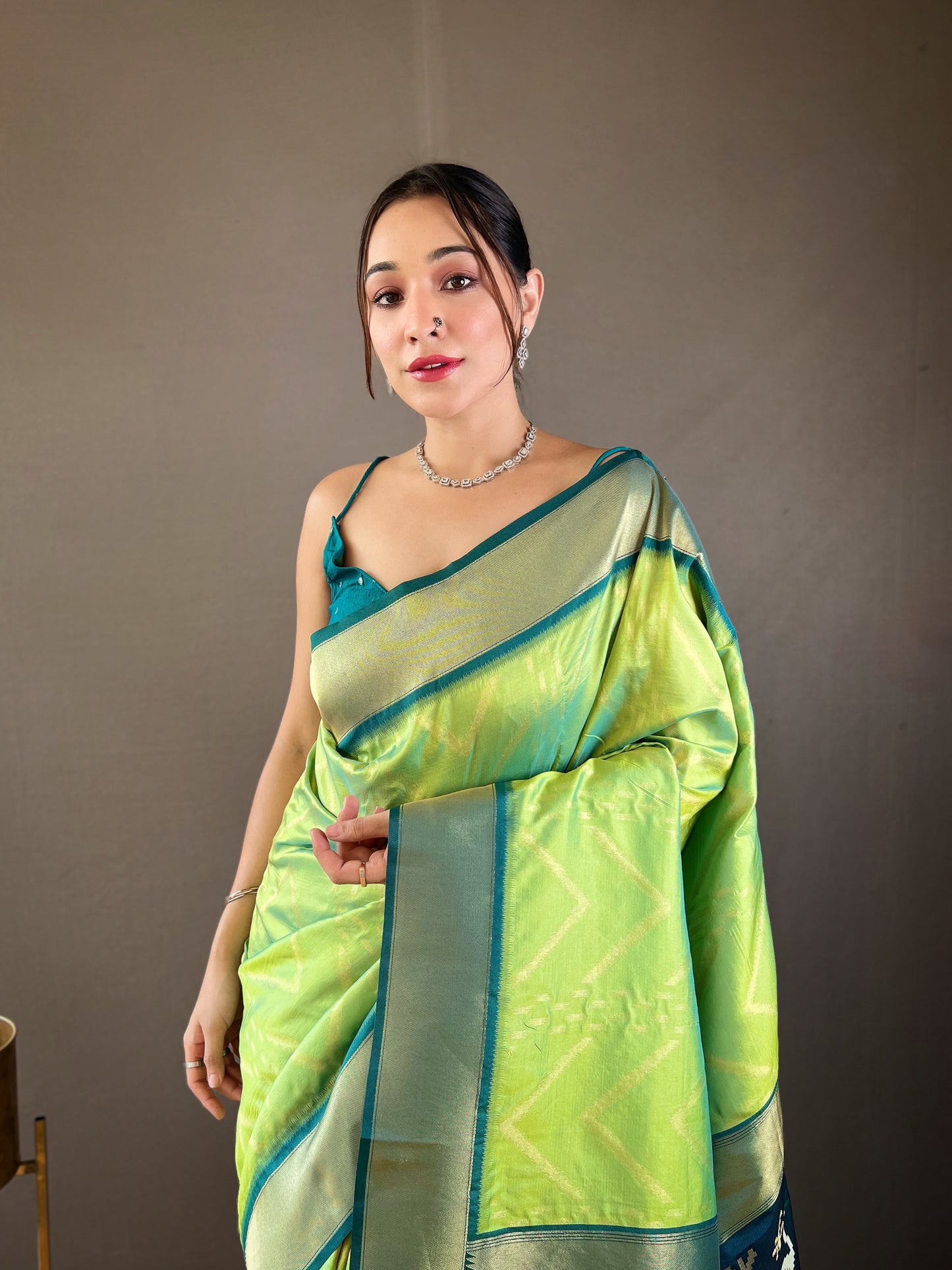 Pista Zig Zag Viscose Zari Design Soft Banarasi Silk Saree