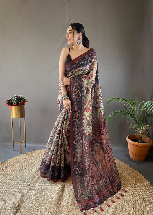 Pista Italian Digital Print Cotton Weaves Saree