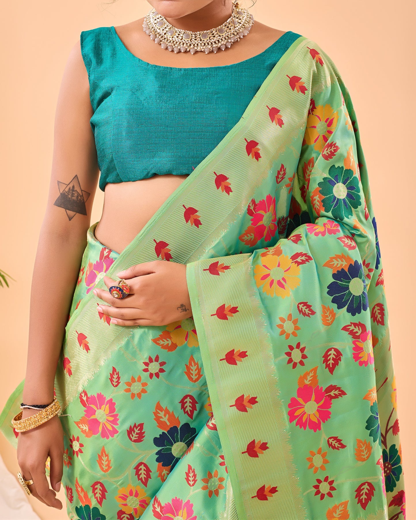 Pista Kashmiri Pashmina Jaal Silk Woven Meenakari Work Saree