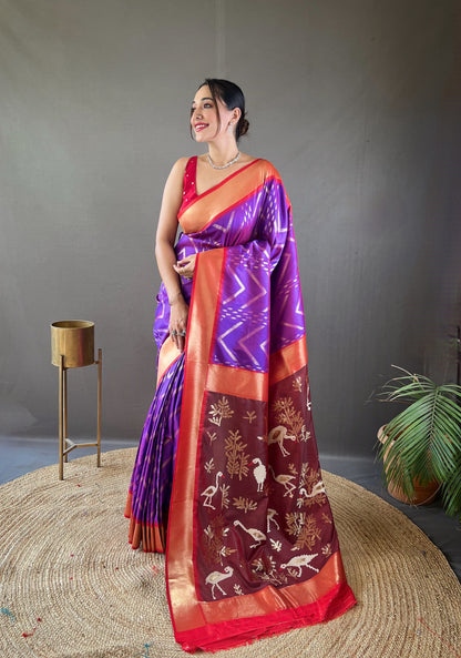 Purple Zig Zag Viscose Zari Design Soft Banarasi Silk Saree