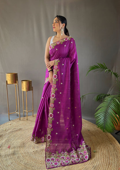 Purple Pure Tussar Silk Embroidery Work Saree