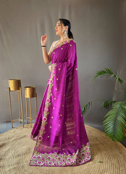 Purple Pure Tussar Silk Embroidery Work Saree