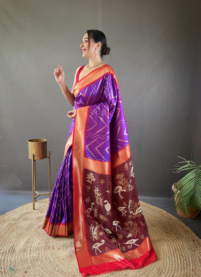 Purple Zig Zag Viscose Zari Design Soft Banarasi Silk Saree