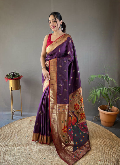 Purple Paithani Silk Zari Woven Saree