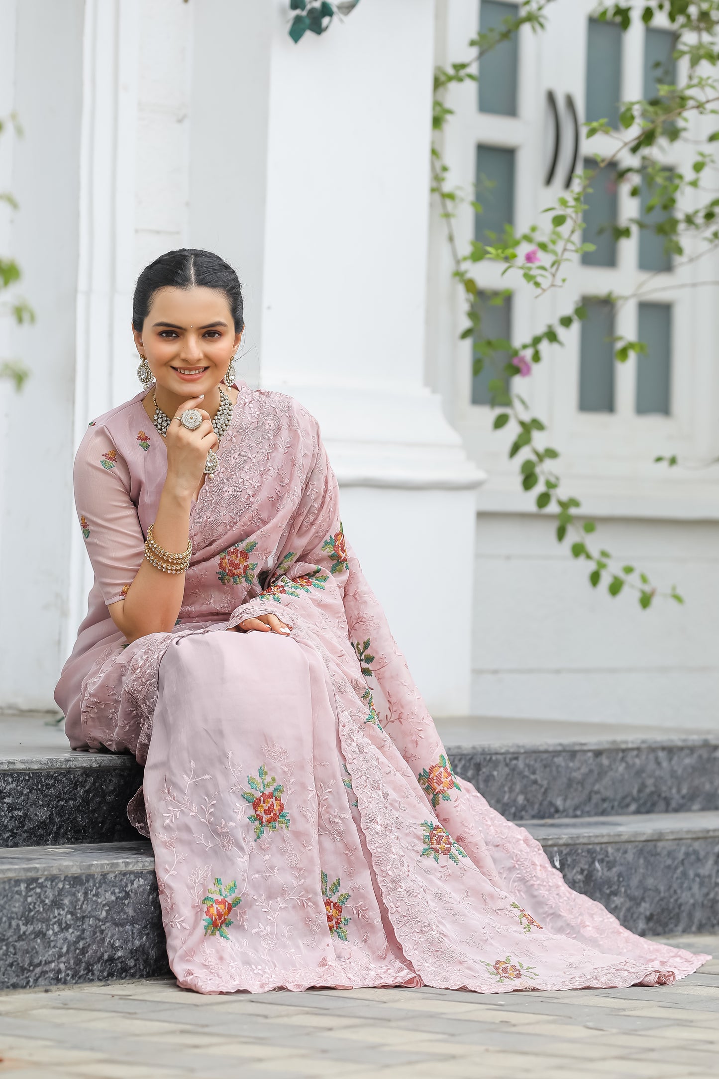 Peach Chiffon Saree With Flower Embroidery And Cut work