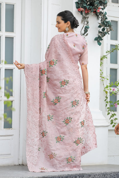 Peach Chiffon Saree With Flower Embroidery And Cut work