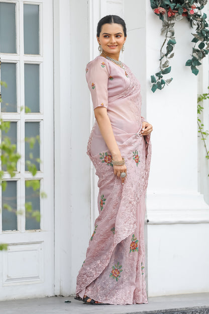 Peach Chiffon Saree With Flower Embroidery And Cut work