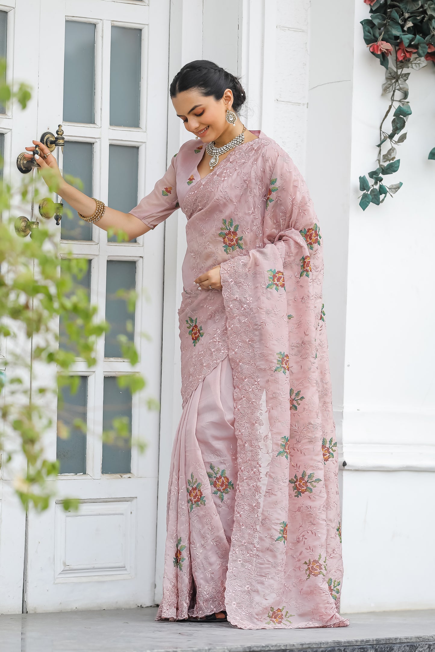 Peach Chiffon Saree With Flower Embroidery And Cut work