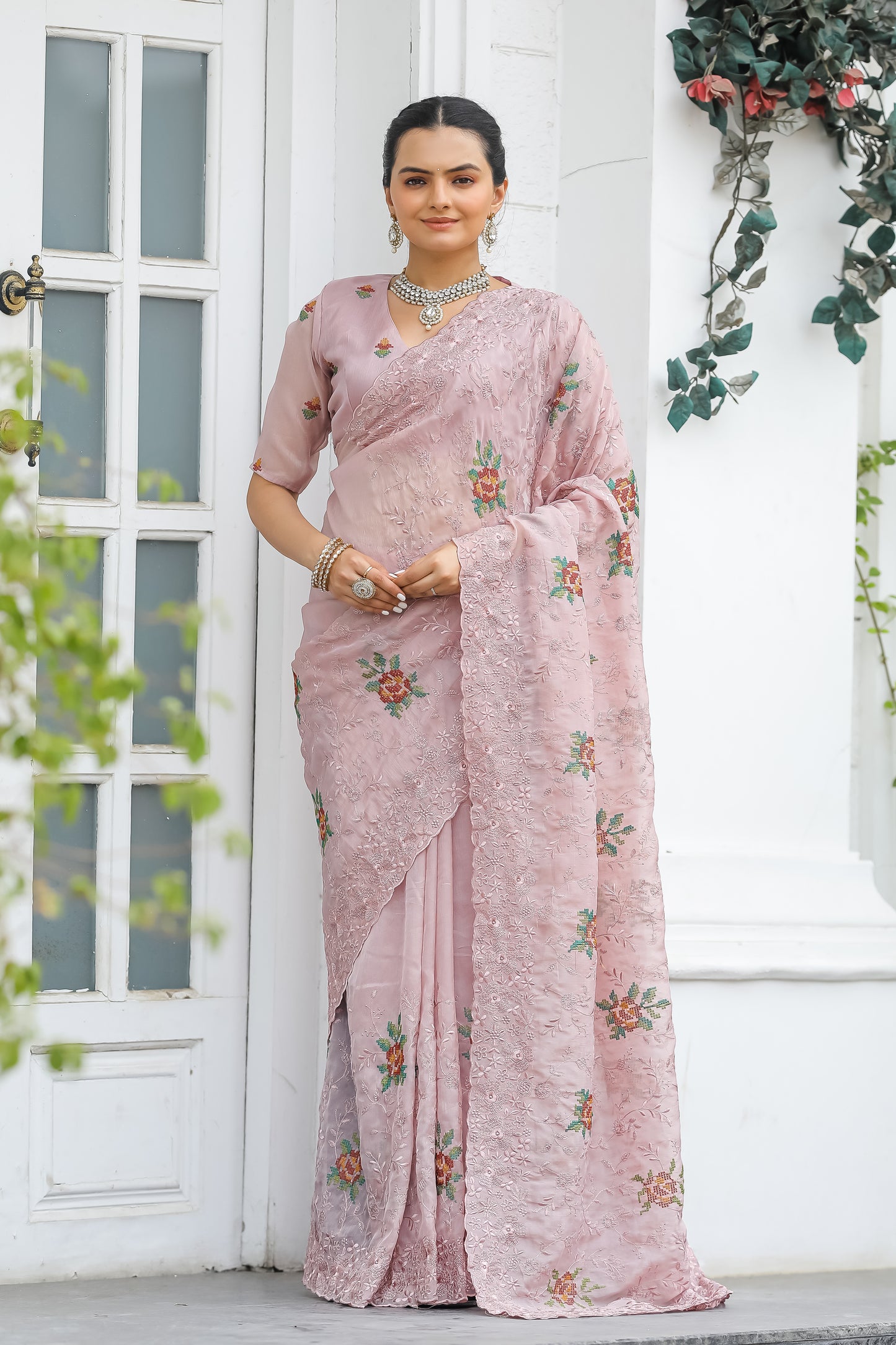 Peach Chiffon Saree With Flower Embroidery And Cut work