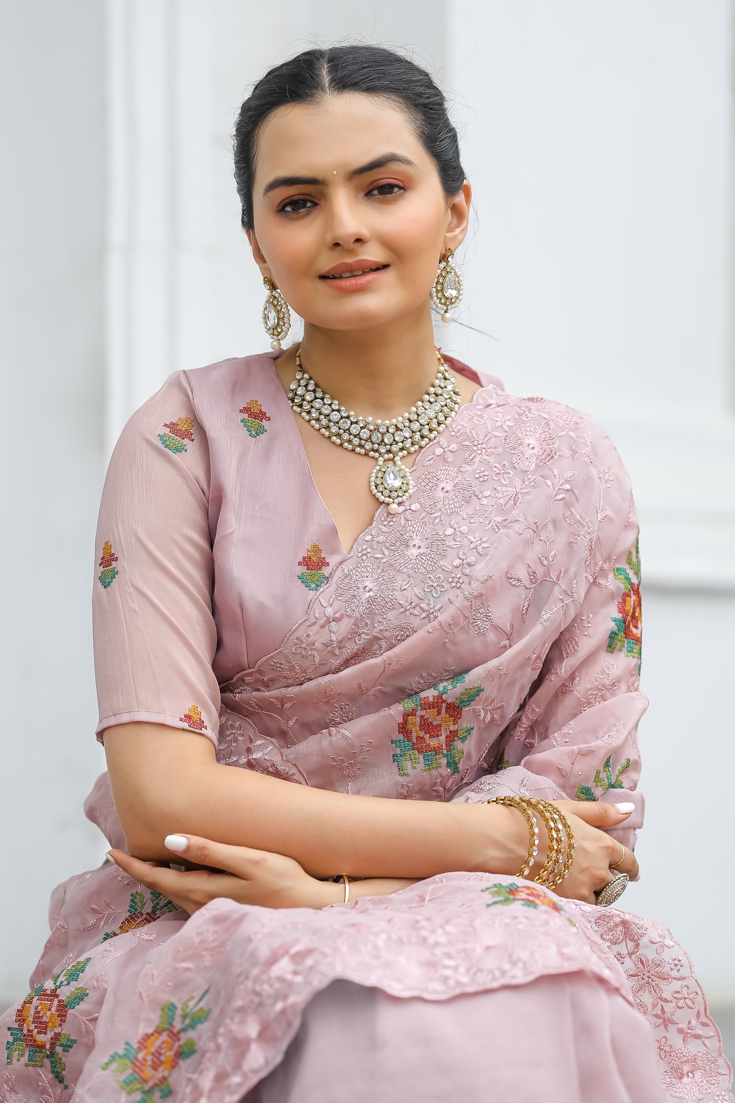 Peach Chiffon Saree With Flower Embroidery And Cut work