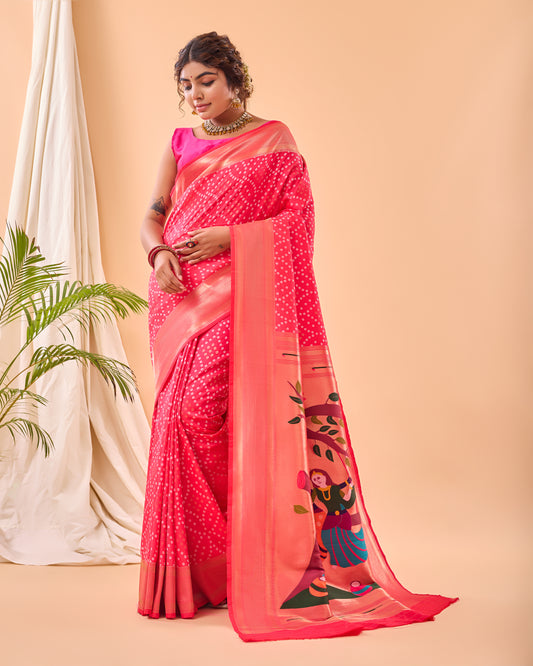 Pink Bandhej Original Paithani Silk Woven Saree