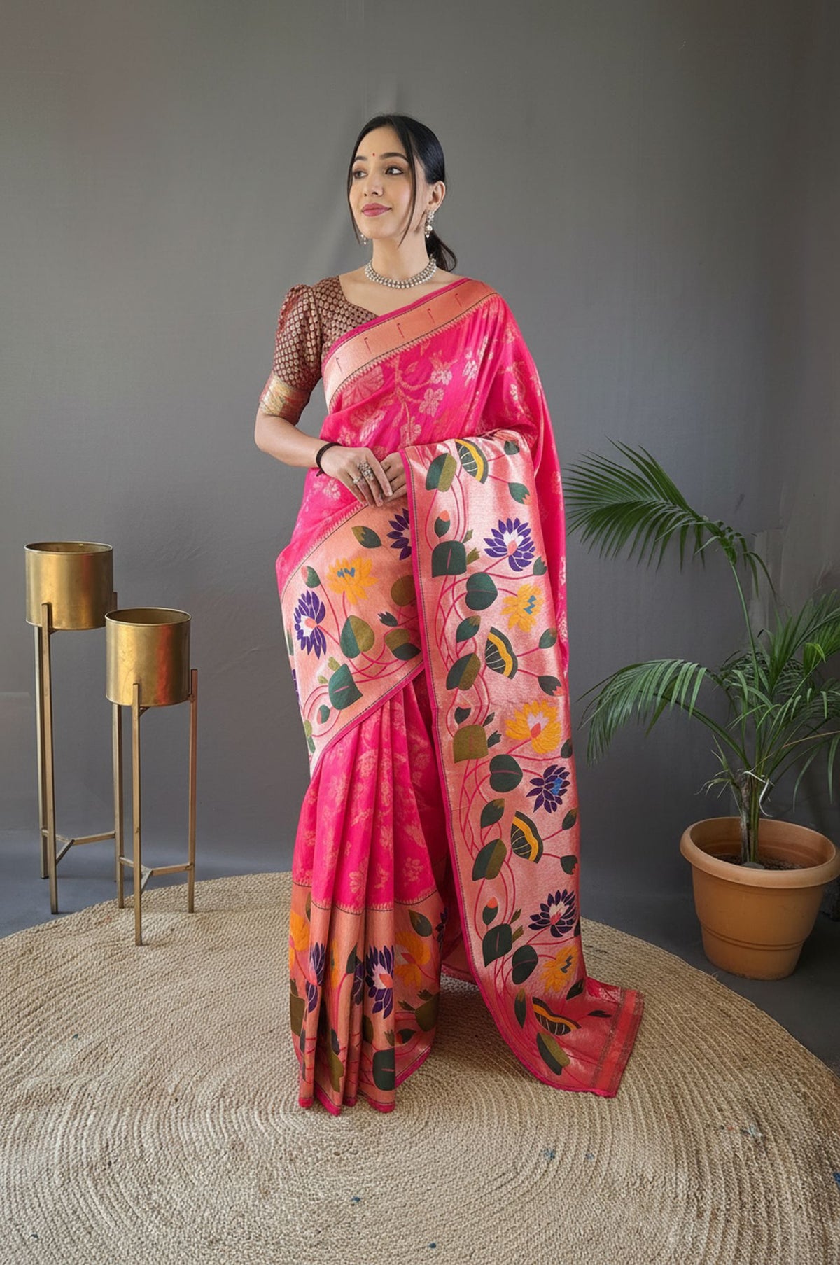 Rani Pink Pure Soft Silk Woven Paithani Saree With Colorful Floral Jaal & Zari Border