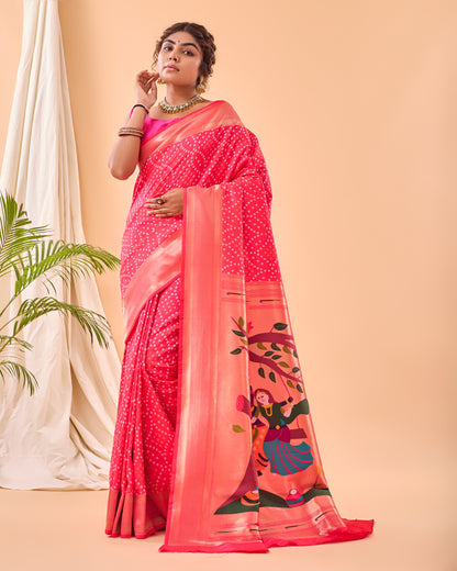 Pink Bandhej Original Paithani Silk Woven Saree