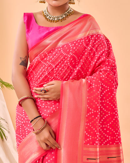 Pink Bandhej Original Paithani Silk Woven Saree