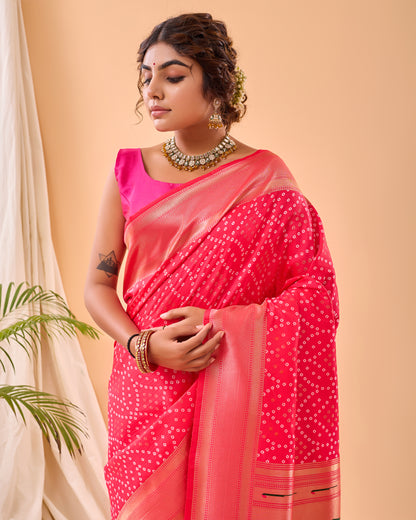 Pink Bandhej Original Paithani Silk Woven Saree