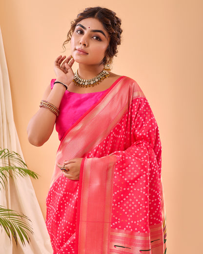 Pink Bandhej Original Paithani Silk Woven Saree