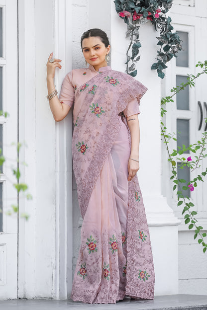 Oyster Pink Chiffon Saree With Flower Embroidery And Cut work