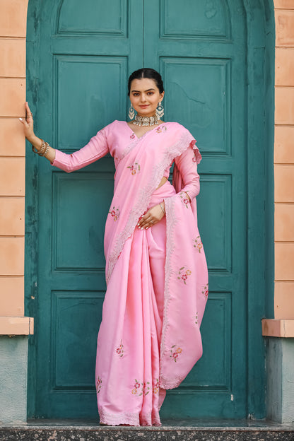 Pink Tussar Cotton Floral And Sequins Embroidery Work Saree