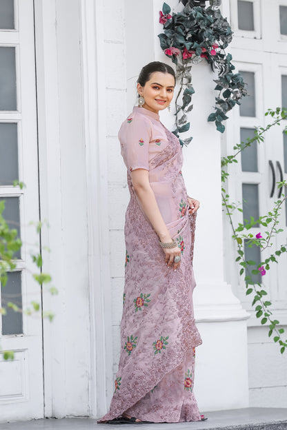 Oyster Pink Chiffon Saree With Flower Embroidery And Cut work