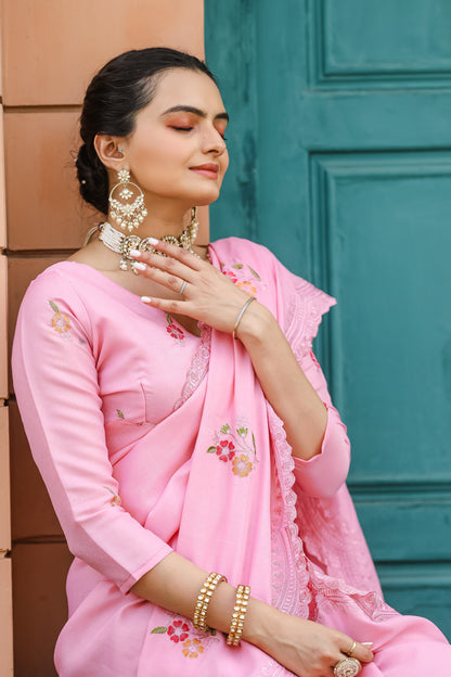 Pink Tussar Cotton Floral And Sequins Embroidery Work Saree