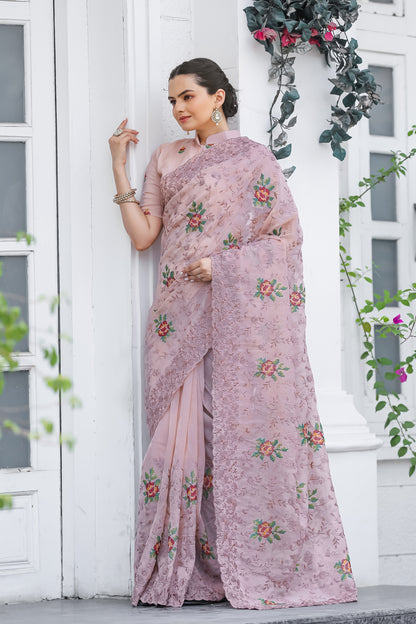 Oyster Pink Chiffon Saree With Flower Embroidery And Cut work