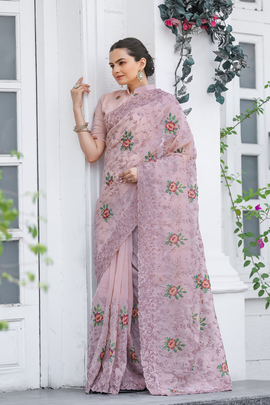 Oyster Pink Chiffon Saree With Flower Embroidery And Cut work