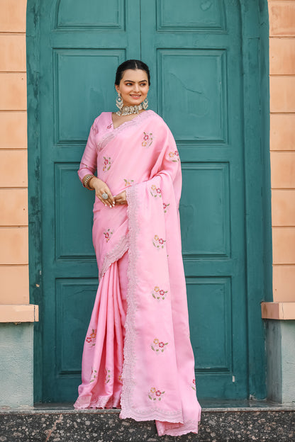 Pink Tussar Cotton Floral And Sequins Embroidery Work Saree