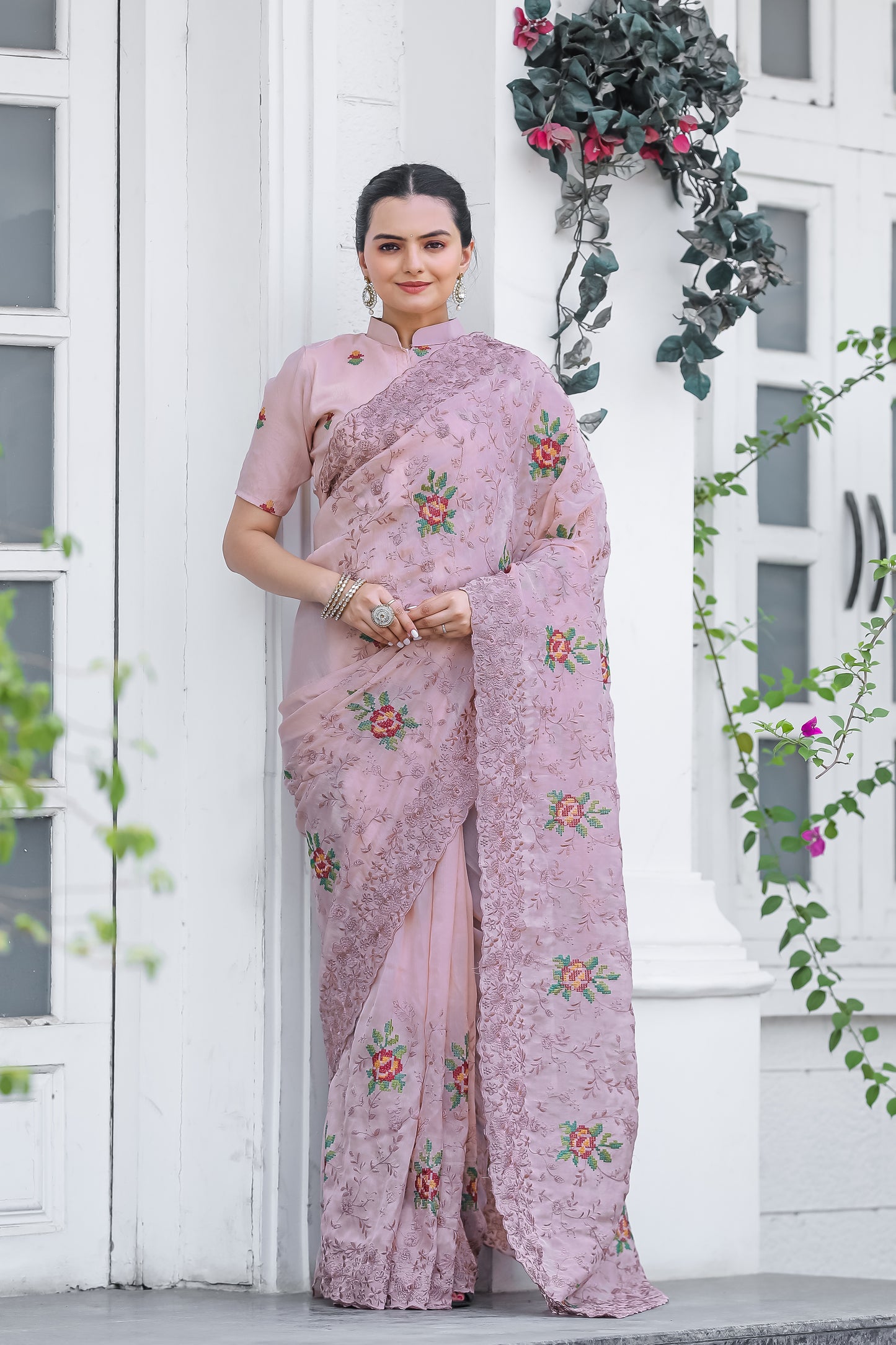 Oyster Pink Chiffon Saree With Flower Embroidery And Cut work