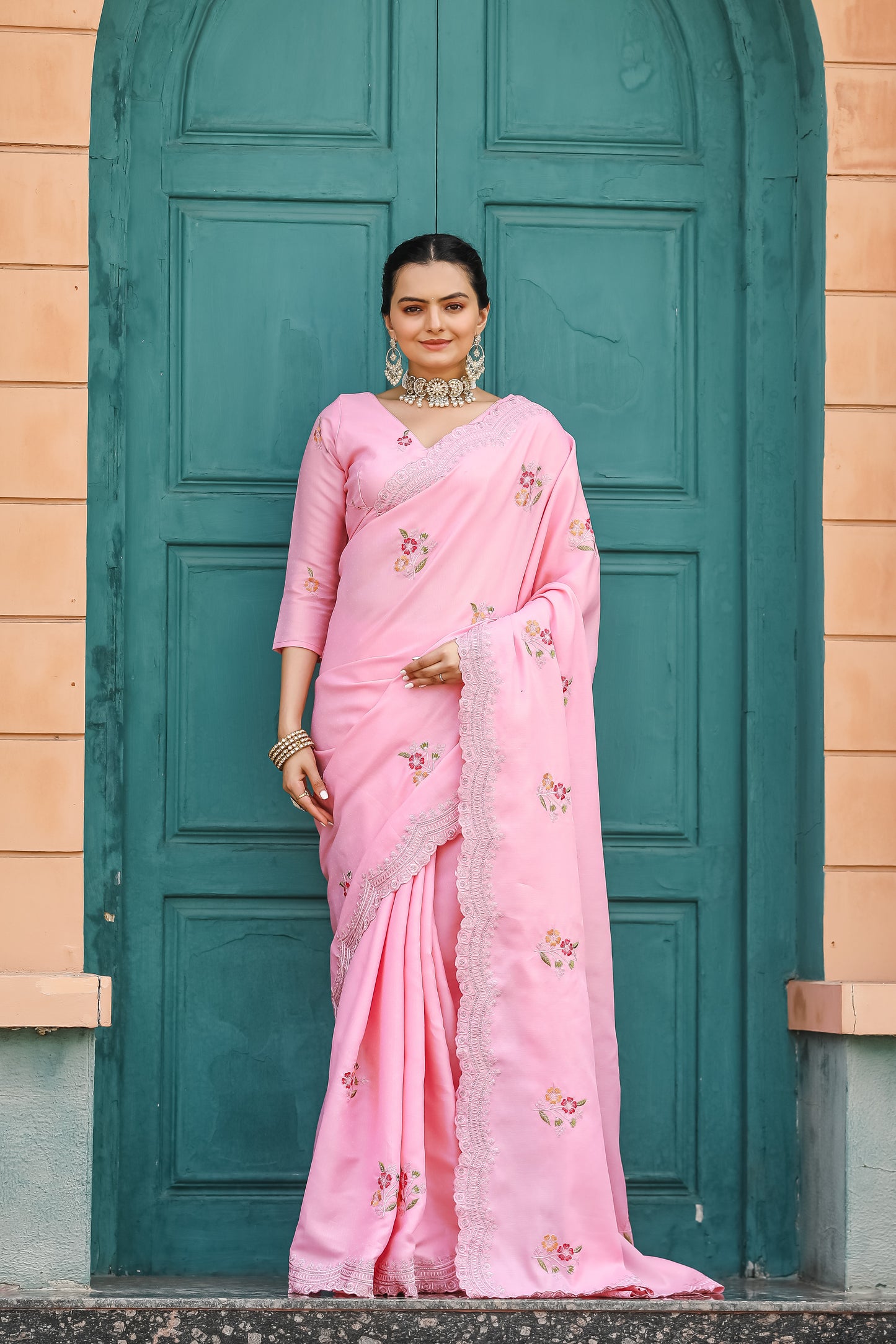 Pink Tussar Cotton Floral And Sequins Embroidery Work Saree