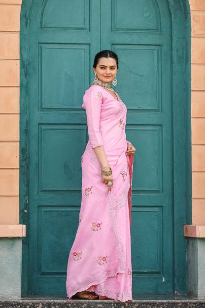 Pink Tussar Cotton Floral And Sequins Embroidery Work Saree