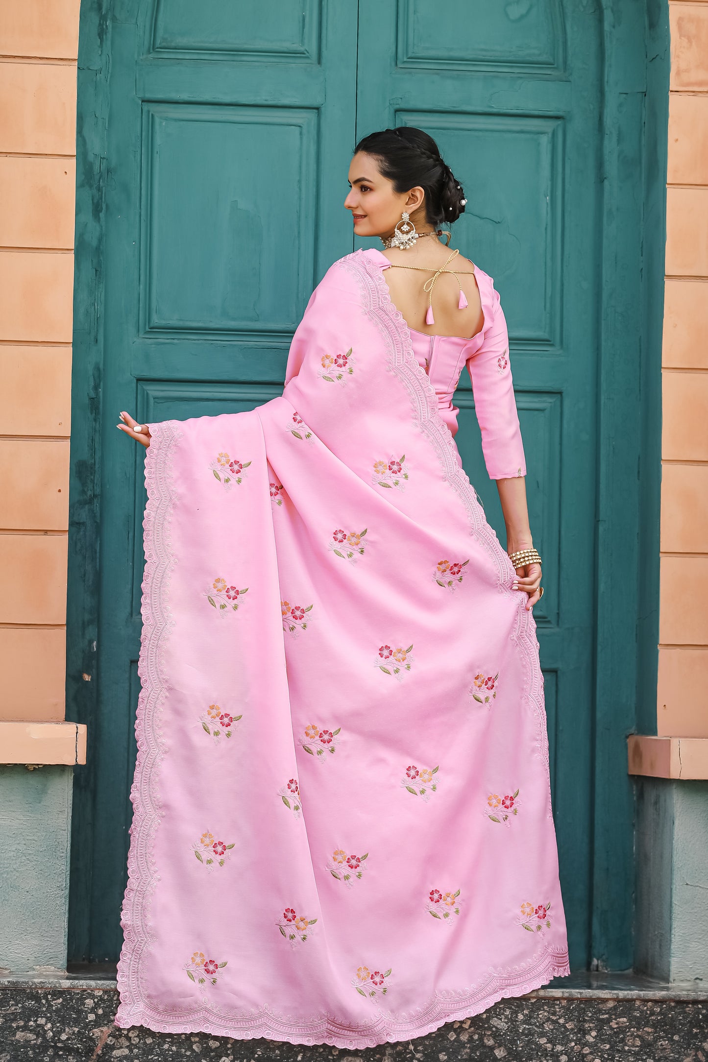 Pink Tussar Cotton Floral And Sequins Embroidery Work Saree