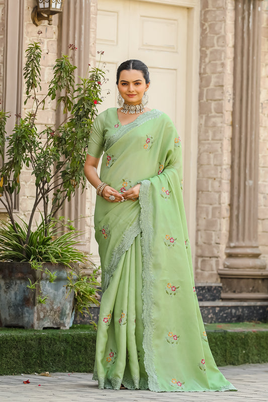 Pista Tussar Cotton Floral And Sequins Embroidery Work Saree