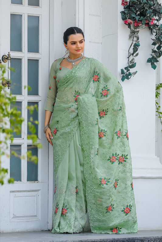 Frog Green Chiffon Saree With Flower Embroidery And Cut work