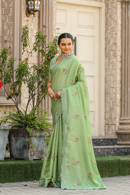 Pista Tussar Cotton Floral And Sequins Embroidery Work Saree
