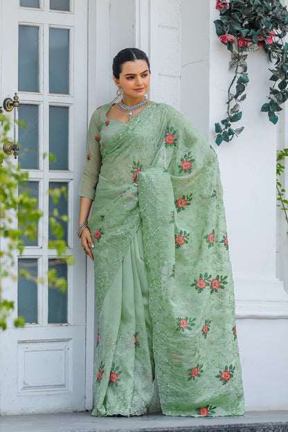 Pista Pure Shiny Zari Chiffon Saree With Beautiful Embroidory Work