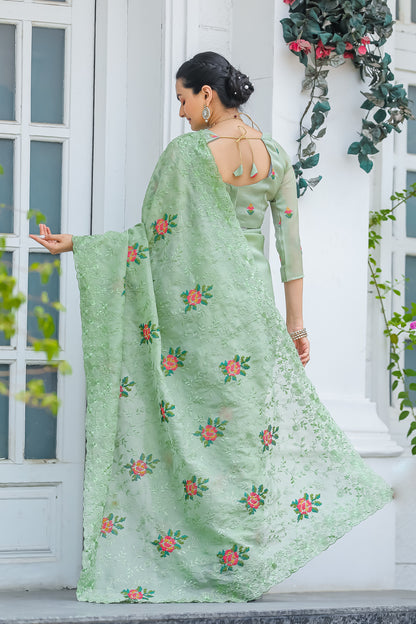 Pista Pure Shiny Zari Chiffon Saree With Beautiful Embroidory Work