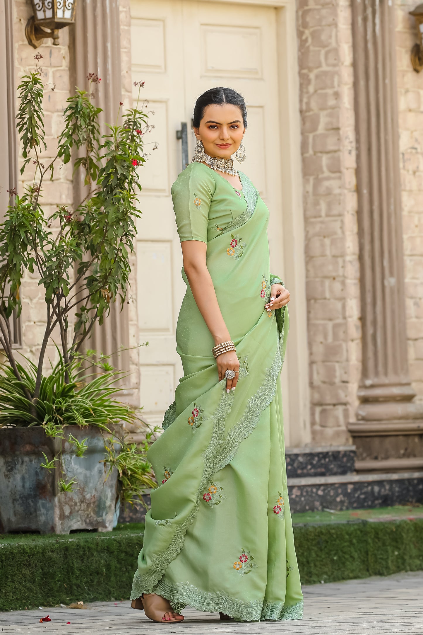 Pista Tussar Cotton Floral And Sequins Embroidery Work Saree
