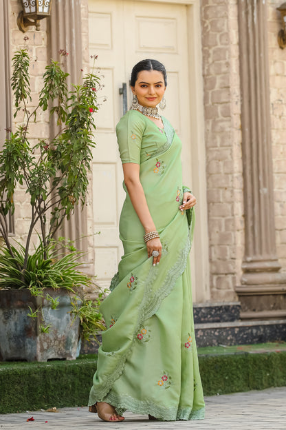 Pista Tussar Cotton Floral And Sequins Embroidery Work Saree