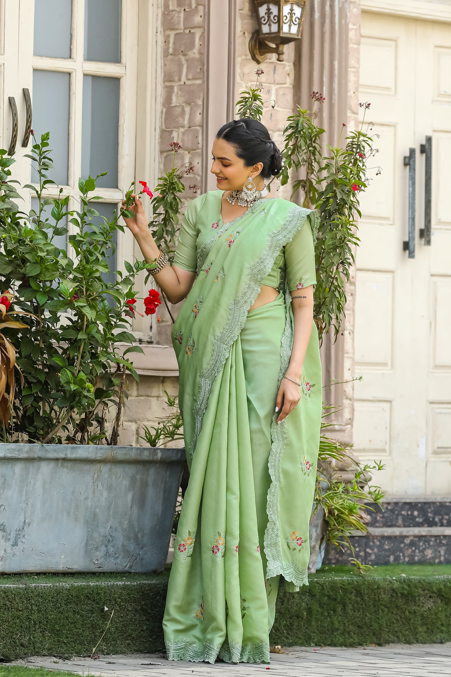 Pista Tussar Cotton Floral And Sequins Embroidery Work Saree