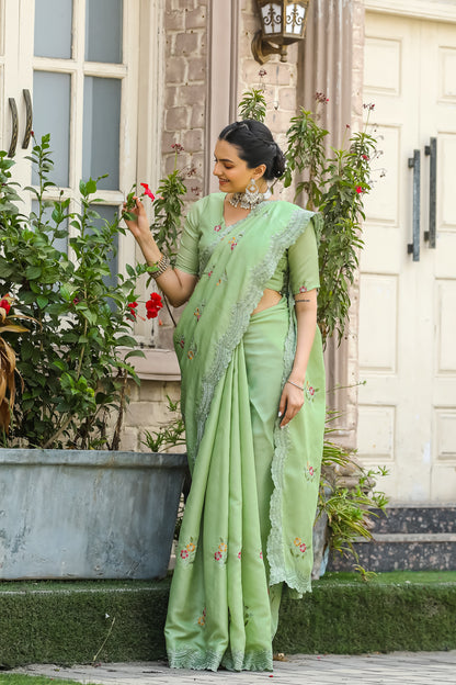 Pista Tussar Cotton Floral And Sequins Embroidery Work Saree