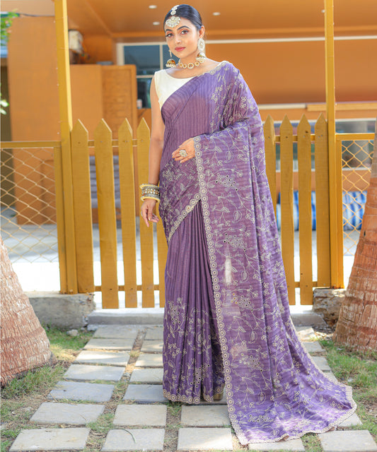 Dusty Purple Aaisha Tussar Silk Embroidered Saree