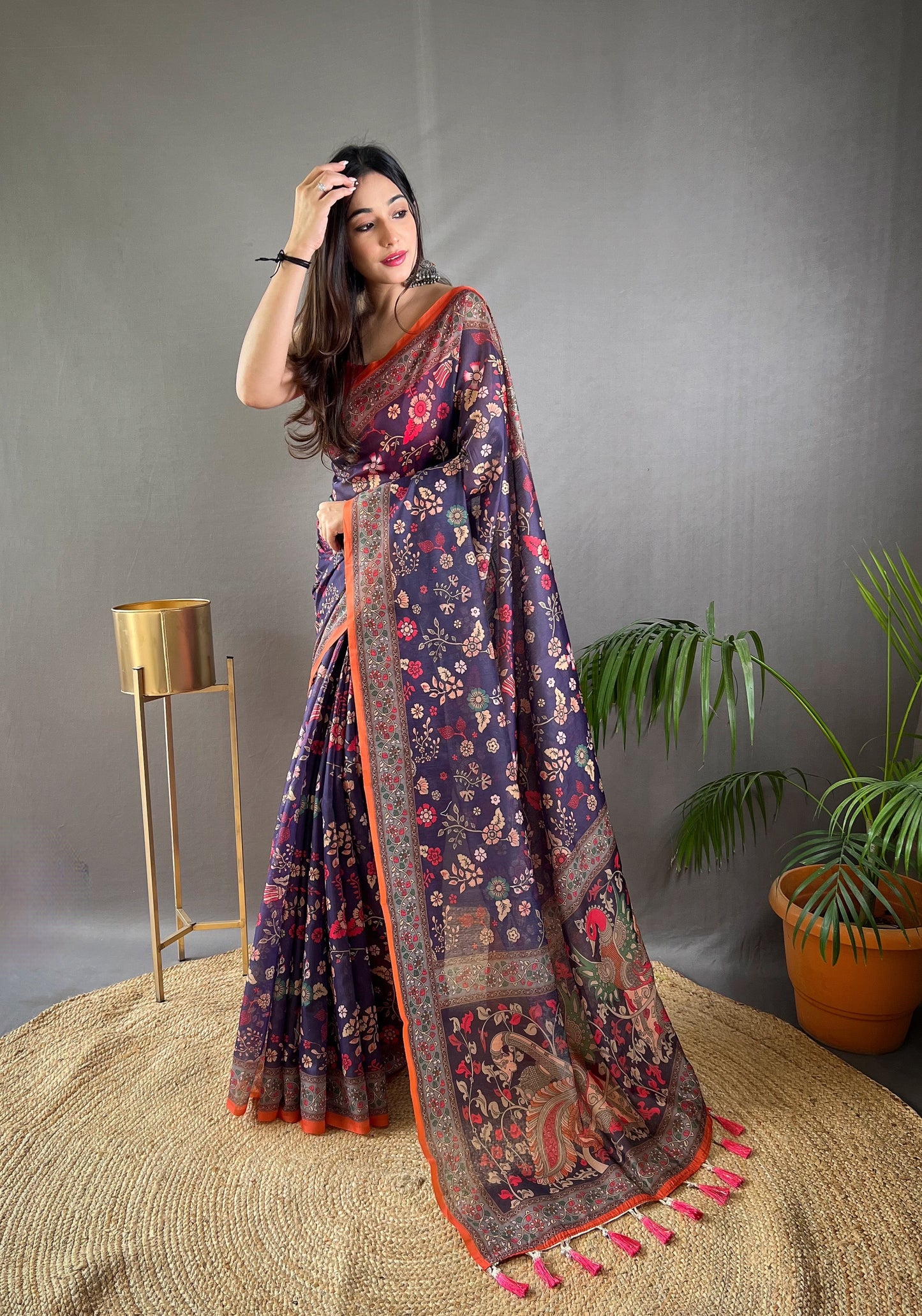 Purple Pure Malai Cotton Women Floral Print with Contrast Border Saree