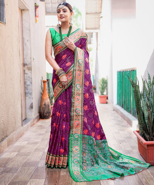 Purple Soft Elegant Patola Silk With All Over Meenakari Patola Weaving Saree