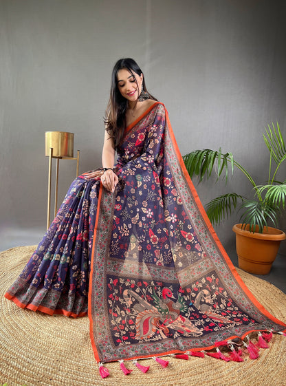 Purple Pure Malai Cotton Women Floral Print with Contrast Border Saree