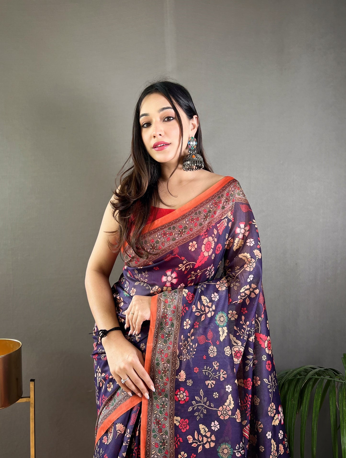 Purple Pure Malai Cotton Women Floral Print with Contrast Border Saree