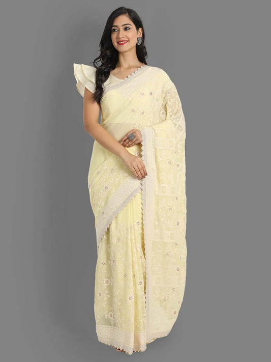 Yellow Colour Faux Georgette Beautiful Lakhnavi Work Saree