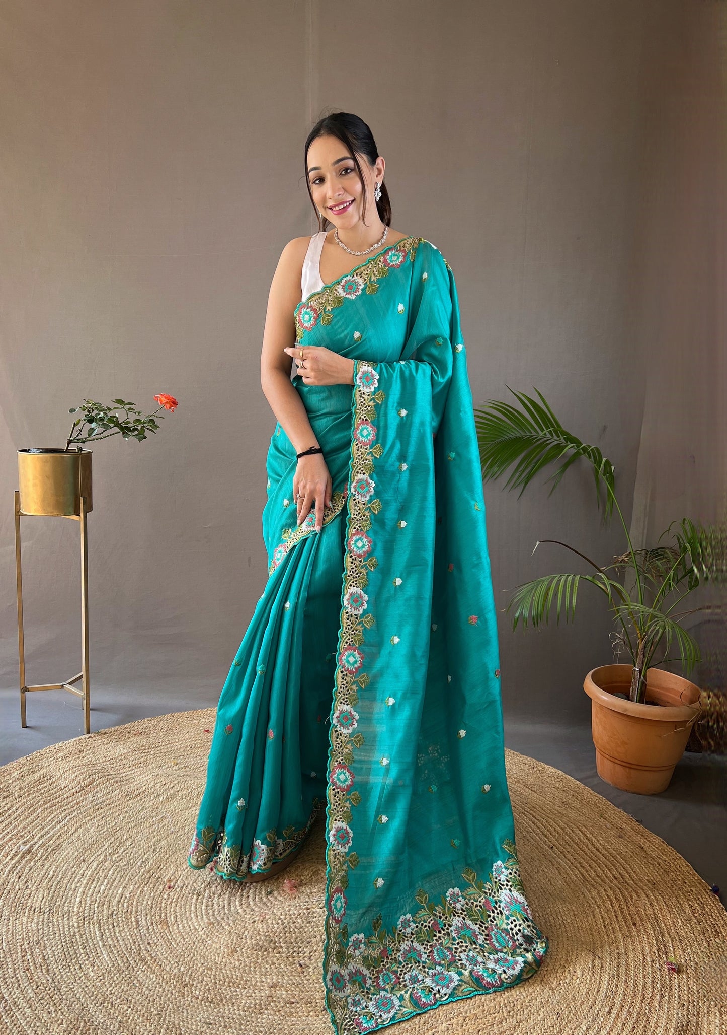 Rama Pure Tussar Silk Embroidery Work Saree