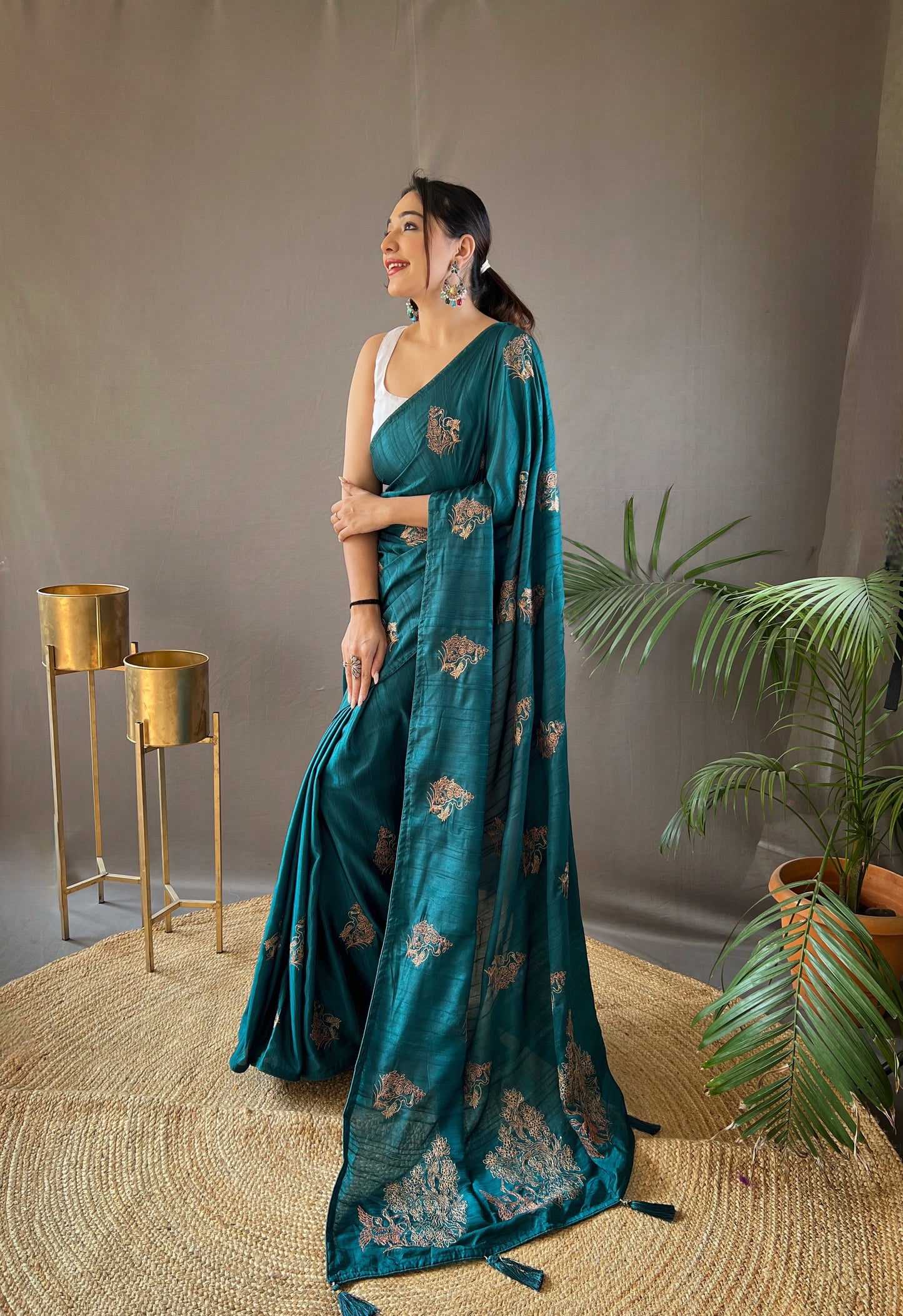 Rama Color Embroidered Soft Silk Saree