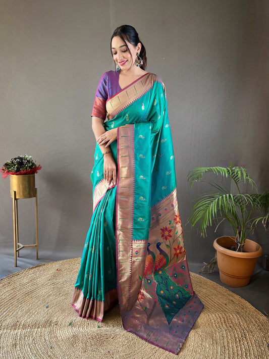 Rama Paithani Silk Zari Woven Saree