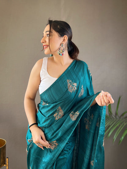 Rama Color Embroidered Soft Silk Saree